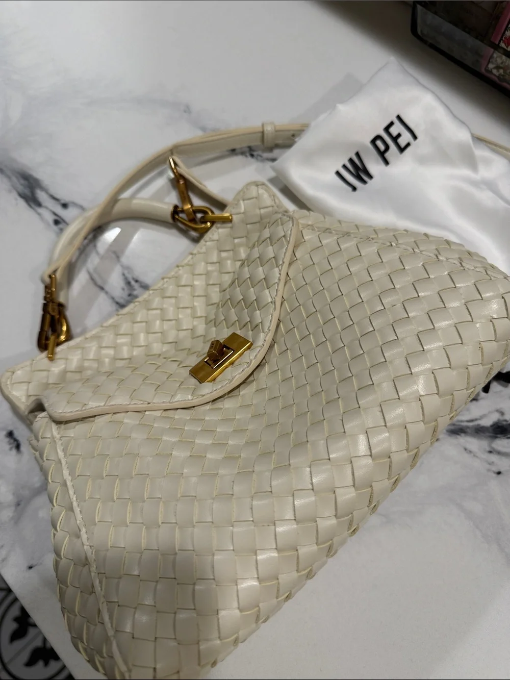 JW PEI Cream Woven Top-Handle Crossbody Bag with Gold Hardware